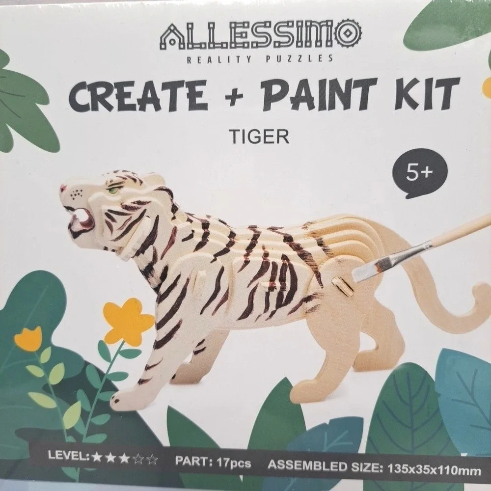 Lot Of 2, Allessimo 3D Wooden Puzzle Paint Craft Model Lion & Tiger New